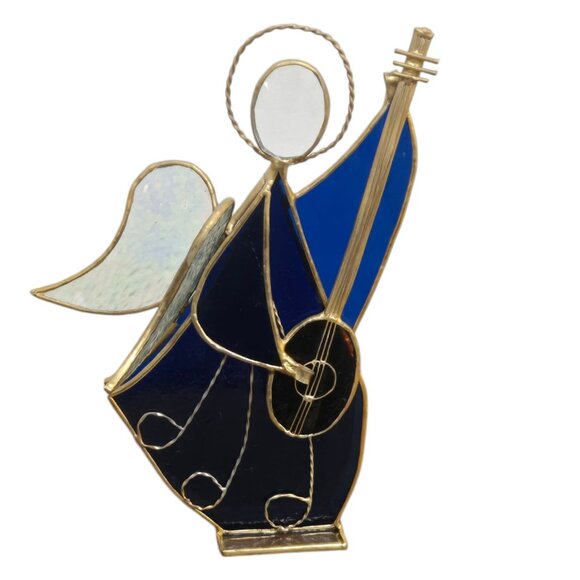 Vintage Stained Glass Angel Figurine AS IS Guitar Music Musician Blue Brown - Picture 12 of 16